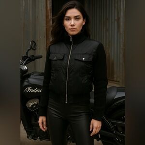 Black Satin Bomber Jacket with knitted Stand-Up Collar Sleeves and Back NWT